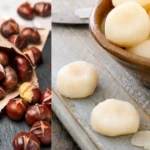 A photo of a bowl of roasted water chestnuts on a wooden table. The water chestnuts are dark brown and have been roasted until they are slightly charred. The bowl is black and has a white stripe around the rim. The table is made of dark wood and has a rustic texture.