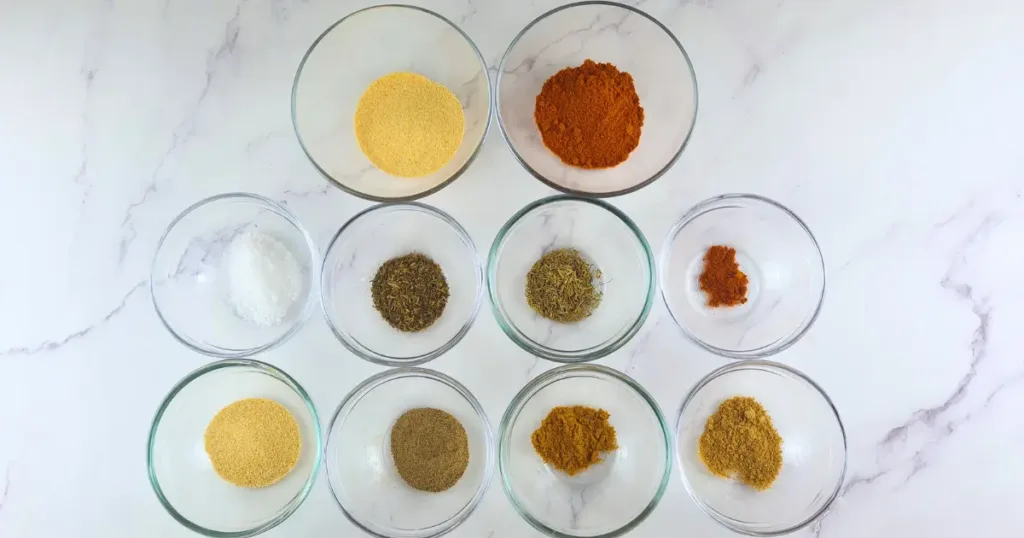 Keto Cajun Seasoning ingredients, including garlic powder, paprika, onion powder, salt, oregano, thyme, black pepper, cumin, coriander, and cayenne pepper, in separate glass bowls on a marble surface.