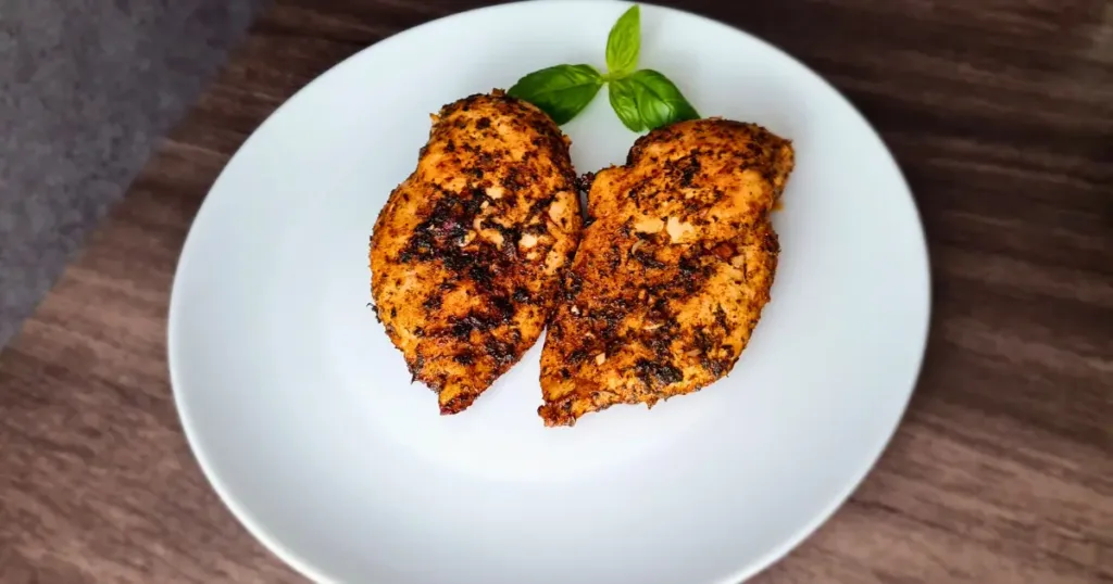 A keto-friendly dish of Mediterranean infused chicken fillets, served on a white plate with keto Mediterranean rice, garnished with basil and red pepper.