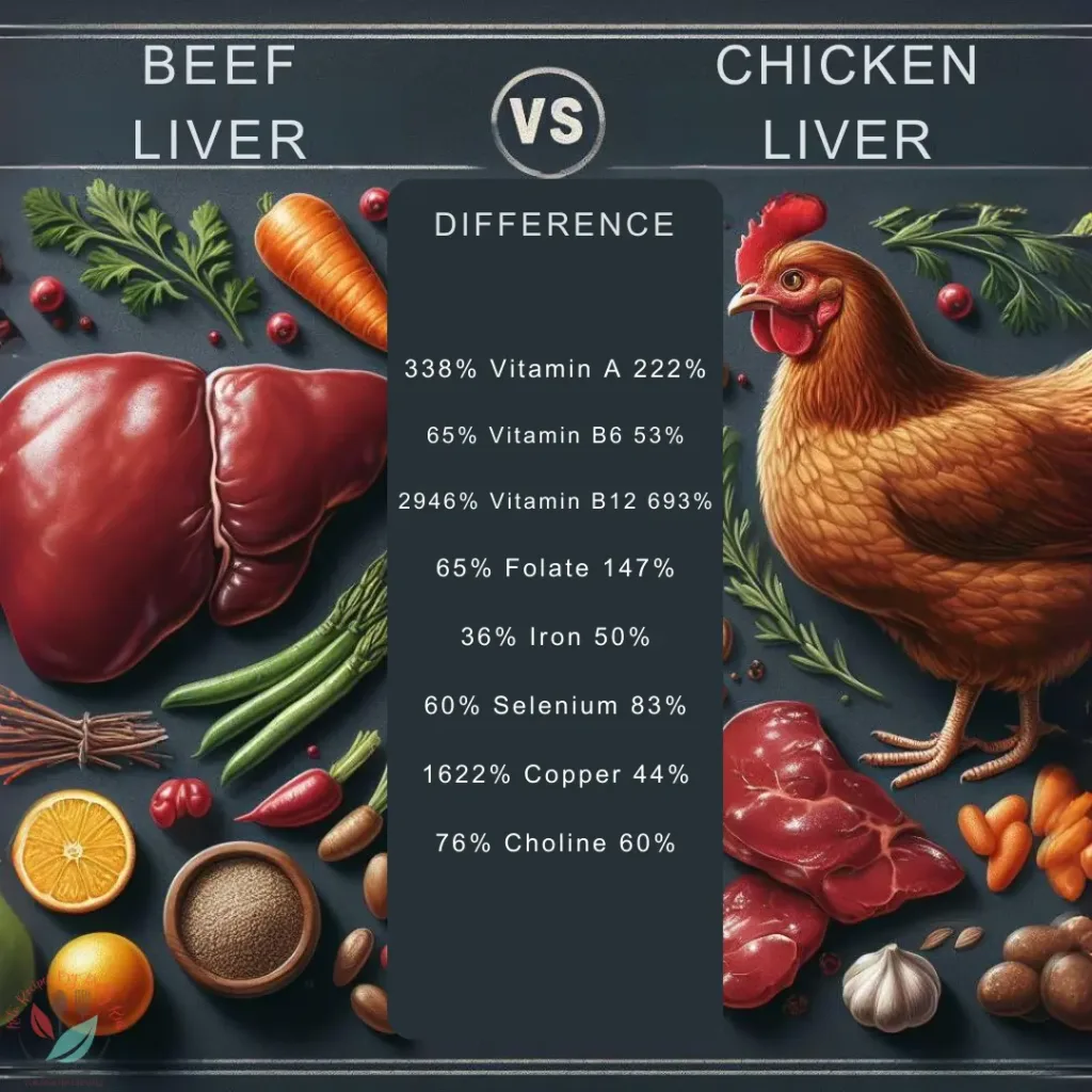 A comparative visual representation of beef liver and chicken liver, surrounded by various vegetables and spices, with a detailed list of nutritional differences highlighted in the center.