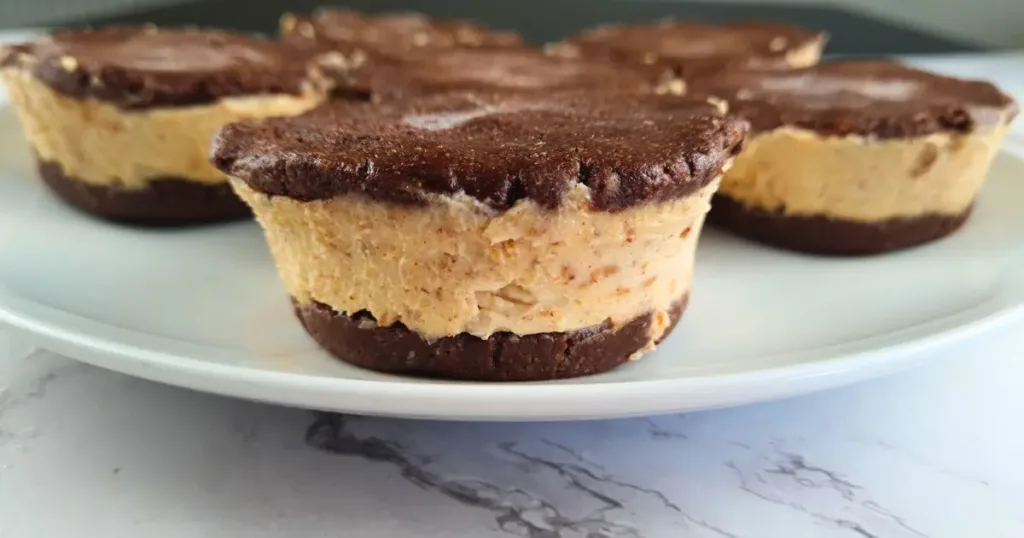 A close-up view of Keto Chocolate Peanut Butter Ice Cream Sandwiches with a rich chocolate top and creamy peanut butter ice cream middle, arranged on a white plate.