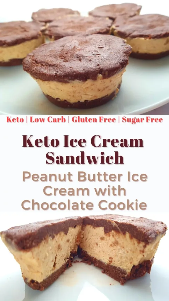 A Pinterest pin featuring Keto Chocolate Peanut Butter Ice Cream Sandwiches that are low carb, gluten free, and sugar free. The sandwiches have a rich chocolate cookie outer layer with a creamy peanut butter ice cream filling.