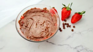 A Keto Mug Cheesecake with chocolate and strawberry jam, fresh strawberries, and chocolate chips on a marble surface.