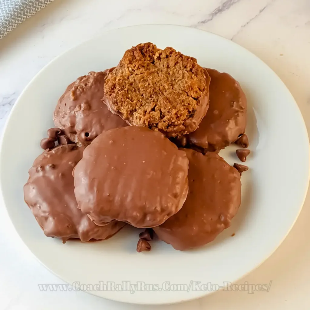 A plate of six keto salted caramel chocolate cookies, with one cookie broken in half to show the soft interior on a marble surface.