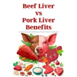 An informational image comparing the benefits of beef liver versus pork liver, surrounded by various illustrations of vegetables and meats. The website link www.CoachTallyRus.com/Keto-Recipes is displayed at the bottom.