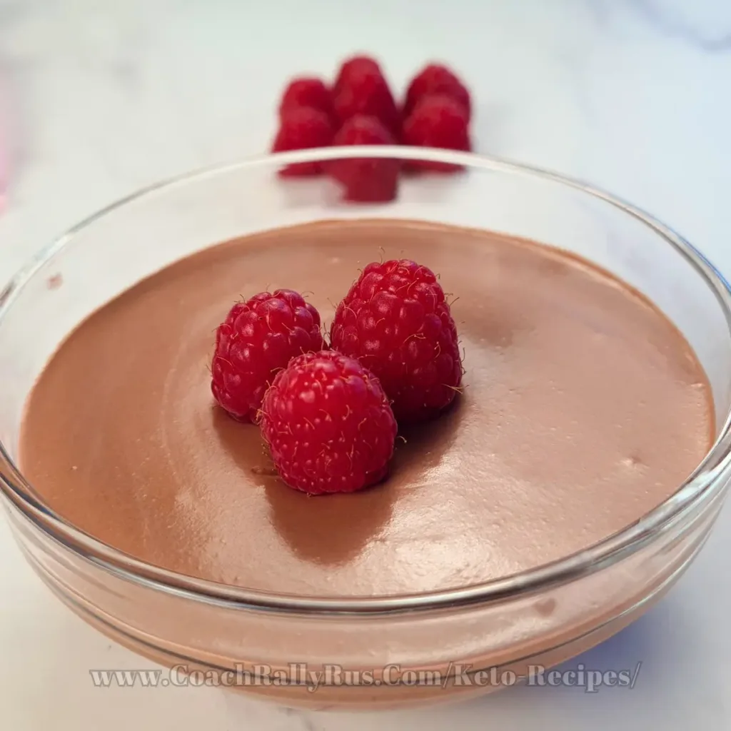 Velvety whipped cottage cheese chocolate mousse topped with a fresh raspberry, accompanied by more raspberries on a sleek marble countertop, showcasing a keto-friendly dessert.
