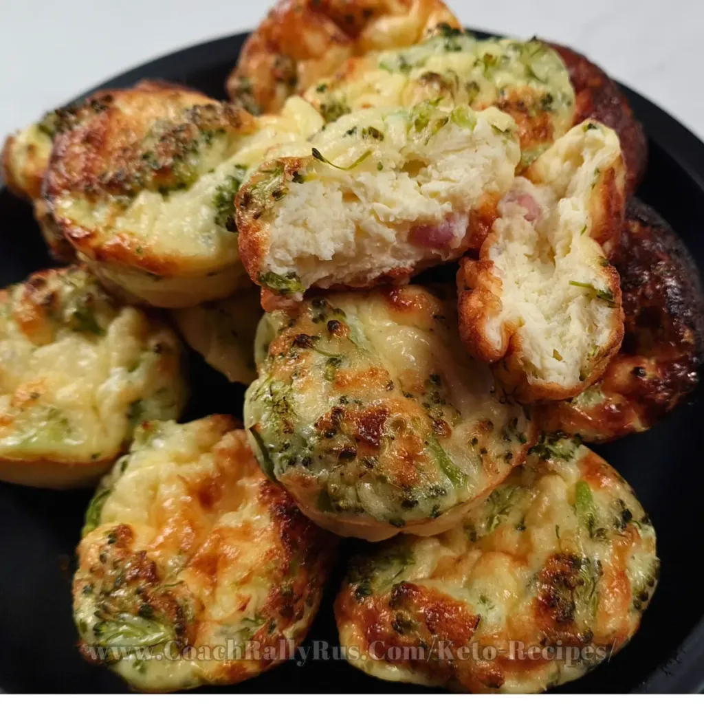 A delicious stack of golden-brown cottage cheese egg muffins with pancetta, garnished with herbs, displayed on a dark plate.