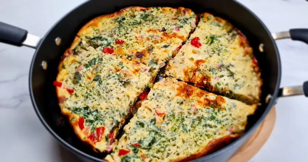 Cottage Cheese Frittata Keto Friendly Golden-brown Keto Cottage Cheese Frittata with Pancetta and Broccoli in a black skillet, sliced into portions, showcasing the fluffy egg mixture with visible bits of red pancetta and green broccoli, ready to be served.