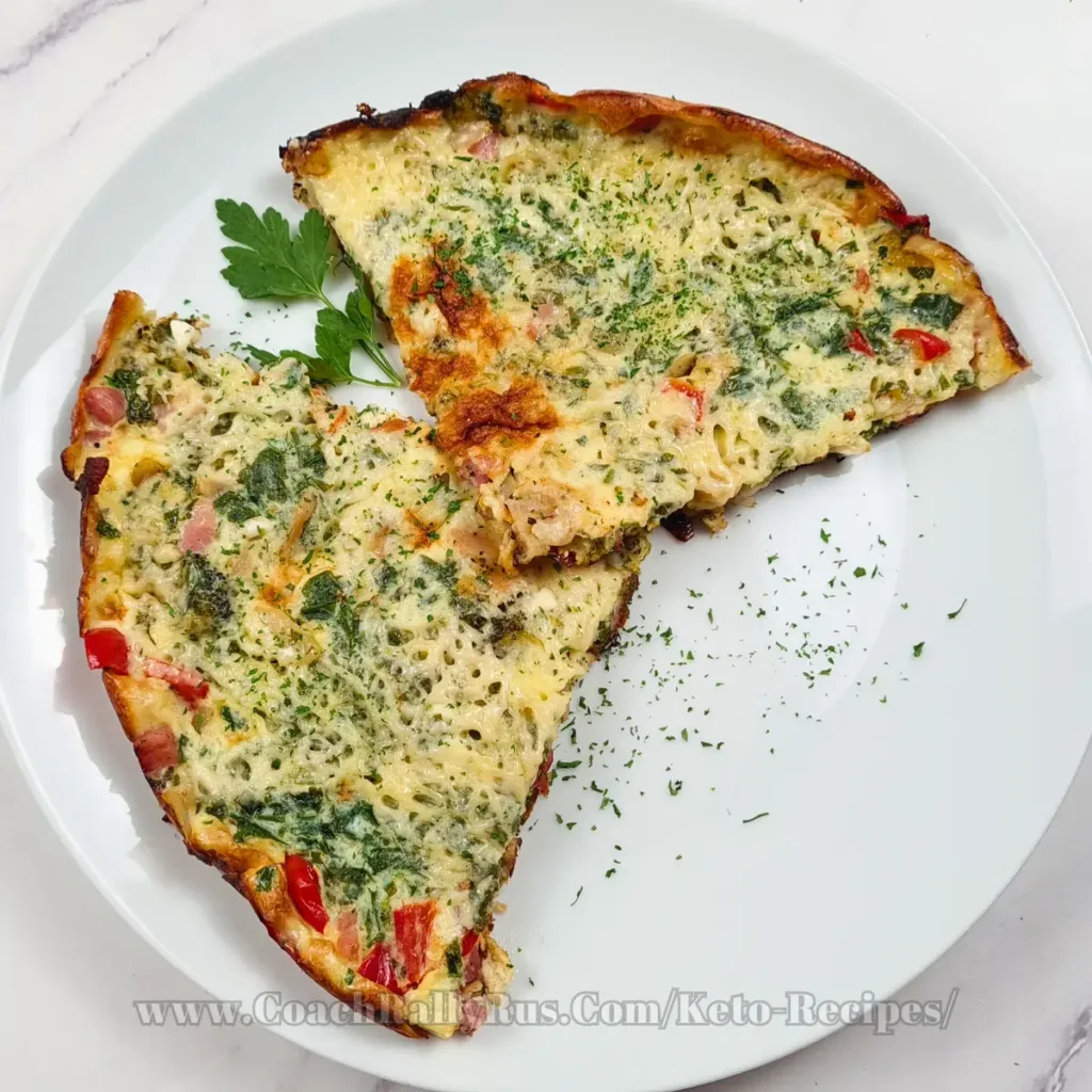 A slice of Keto Cottage Cheese Frittata with Pancetta and Broccoli, crispy and golden on the edges, garnished with parsley, served on a white plate with light marbling details in the background