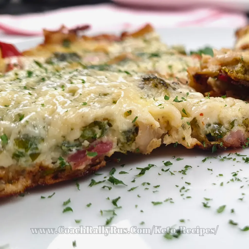 A close-up view of a slice of Keto Cottage Cheese Frittata with Pancetta and Broccoli, garnished with herbs, served on a white plate, with a hint of red fabric in the background.