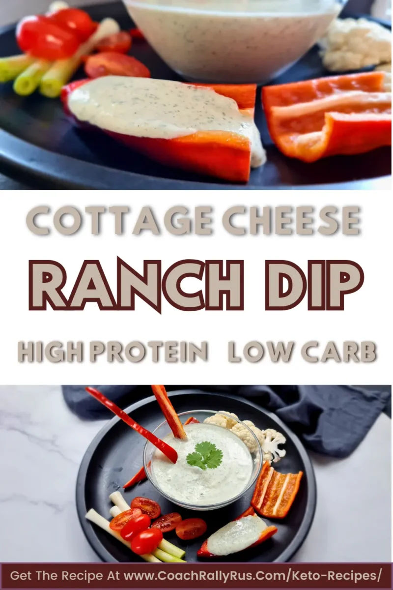 Cottage Cheese Ranch Dip - High Protein Low Carb A delectable Keto Ranch Dip with Cottage Cheese presented in a bowl, perfect for a Pinterest pin. The dip is surrounded by a variety of fresh vegetables, illustrating a healthy and flavorful snack option for those on a keto diet.