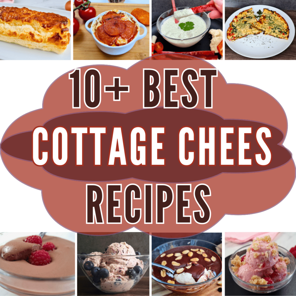 An enticing collage showcasing over 10 best cottage cheese recipes, including a variety of savory and sweet dishes such as a baked casserole, fresh tomato and cottage cheese salad, creamy dips, a fluffy omelet, and delectable desserts like ice cream and parfait, all emphasizing the culinary versatility of cottage cheese.