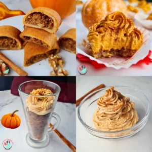 Collage of four low-carb pumpkin recipes. Top left: sliced pumpkin rolls with creamy filling next to a small pumpkin. Top right: close-up of a pumpkin pie with whipped topping and intricate crust design. Bottom left: tall glass of layered pumpkin dessert topped with cream. Bottom right: bowl of fluffy pumpkin mousse garnished with cinnamon sticks. Each dish is beautifully presented to showcase the variety of low-carb pumpkin recipes.