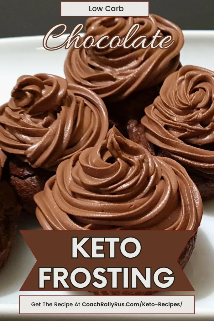 A close-up image of chocolate cupcakes topped with swirls of glossy keto chocolate frosting, indicating a low-carb dessert option.