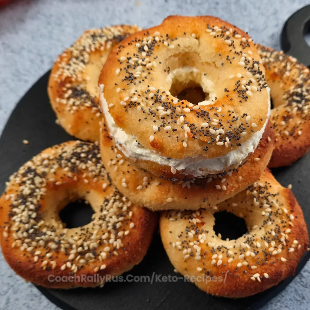 Low Carb Cottage Cheese Bagels A stack of golden-brown cottage cheese bagels topped with various seeds on a plate.