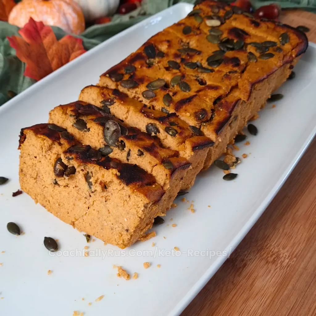 A loaf of Keto Cottage Cheese Pumpkin Bread is presented on a white rectangular plate, with several slices already cut. The bread has a golden-orange hue with visible bits of cottage cheese and pumpkin seeds sprinkled on top, adding texture. The background features autumnal decorations including leaves and a small pumpkin, emphasizing the seasonal theme of the recipe.