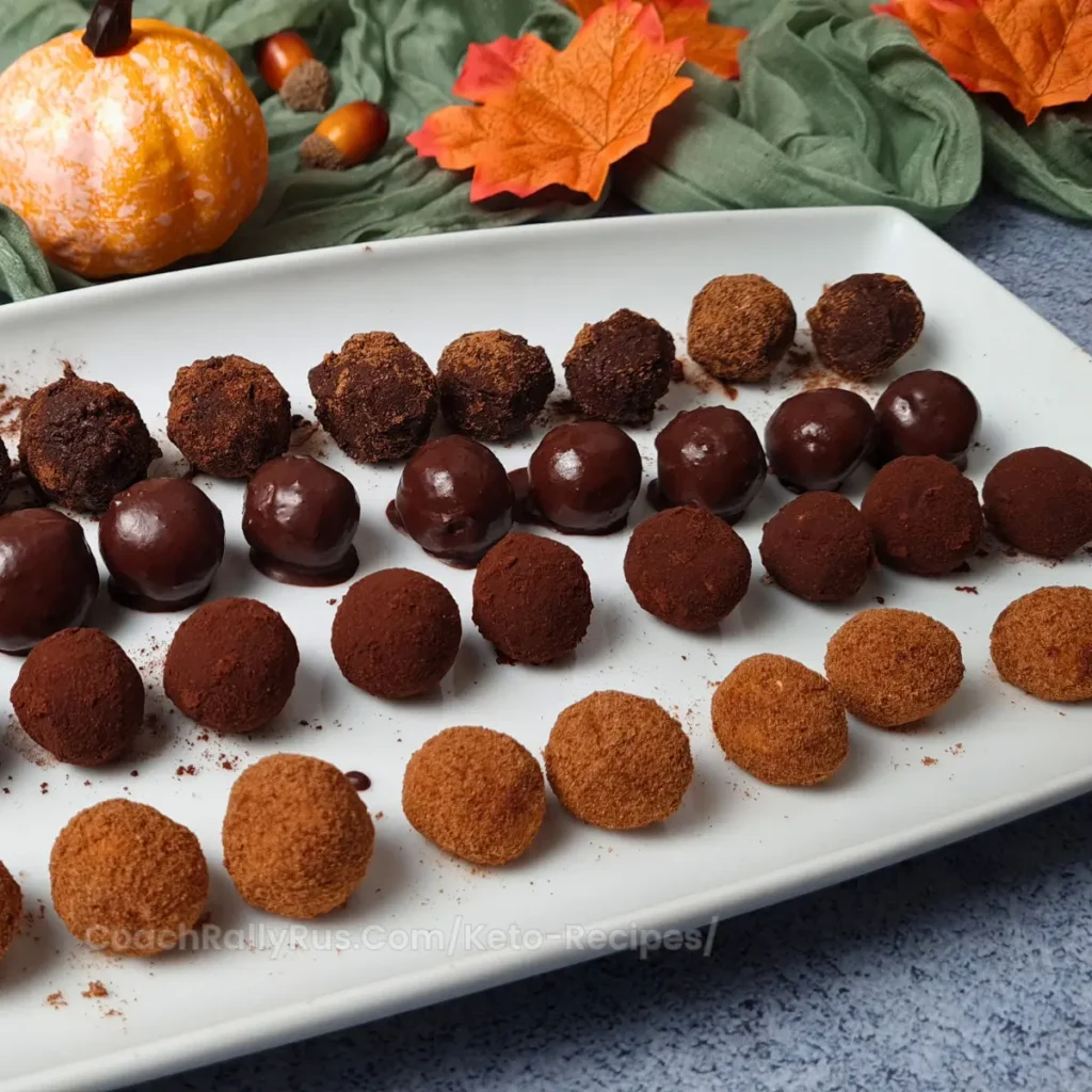 A white rectangular plate filled with rows of Keto Cottage Cheese Pumpkin Balls, some coated in a dark chocolate shell and others dusted with a reddish-brown spice, likely cinnamon or cocoa powder. The plate is set against a backdrop featuring autumnal elements like leaves and small pumpkins, emphasizing the fall-inspired theme of the dish.