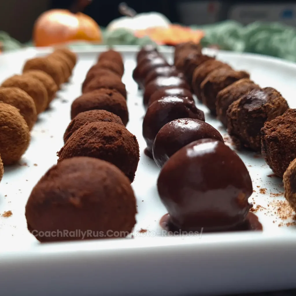 Close-up of a white plate with rows of Keto Cottage Cheese Pumpkin Balls, some coated in cocoa powder and others half-dipped in dark chocolate, with blurred pumpkins and greenery in the background.