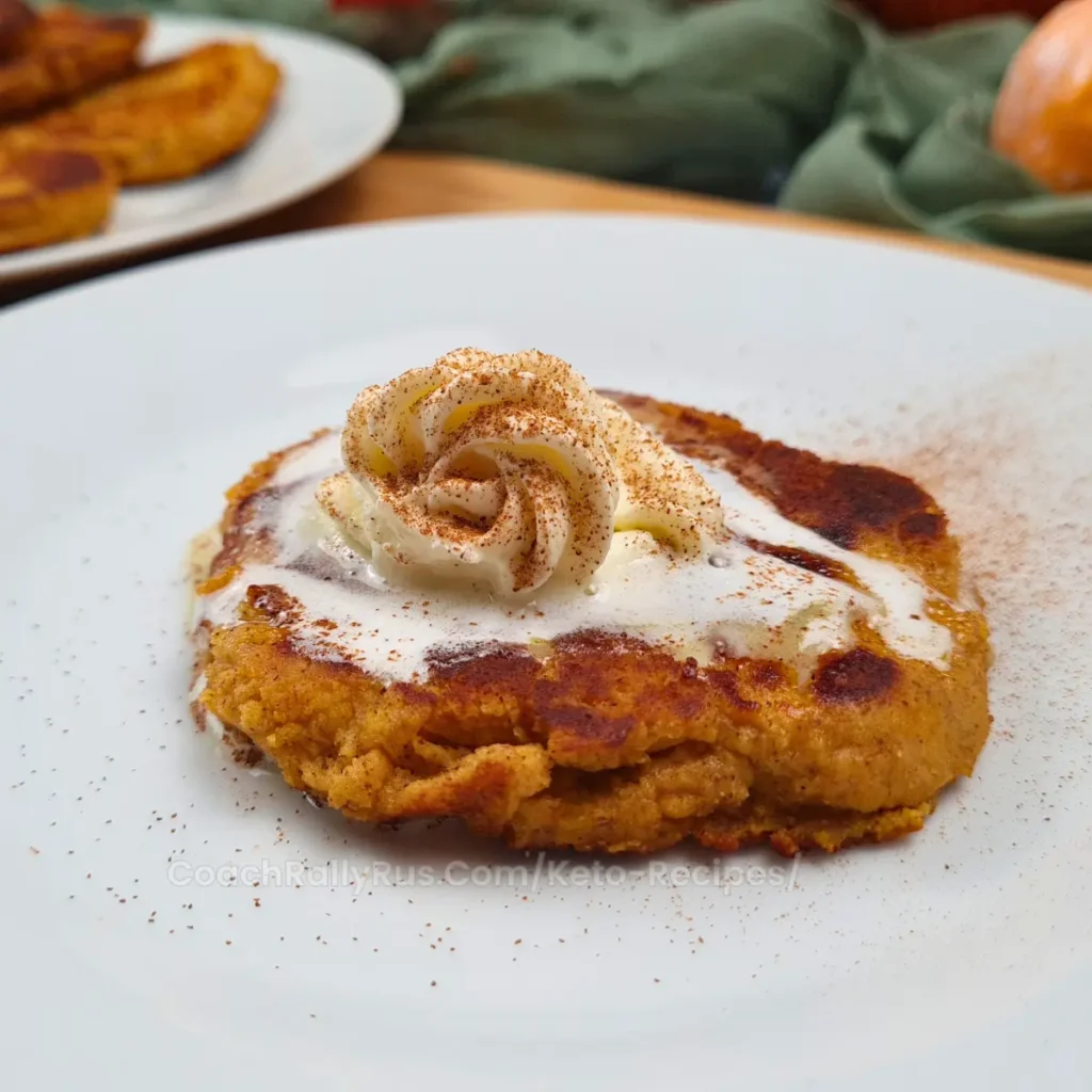 A close-up image of a Keto Pumpkin Spice Cottage Cheese Protein Pancake topped with a dollop of cream and a sprinkle of spice.