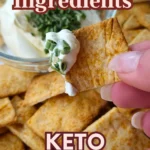 Crunchy 3-Ingredient Keto Crackers on a wooden board with a small bowl of dip.
