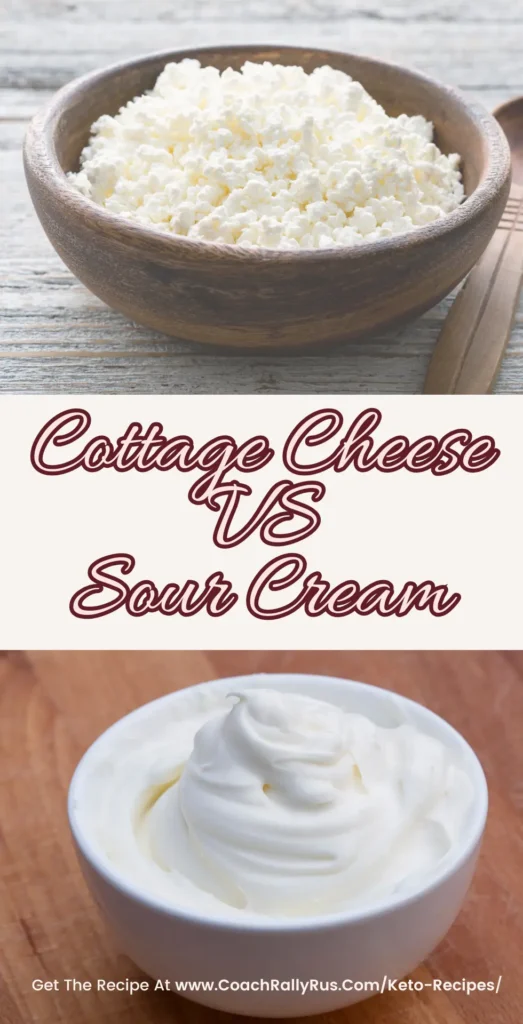 A comparison image featuring two different dairy products, cottage cheese and sour cream.