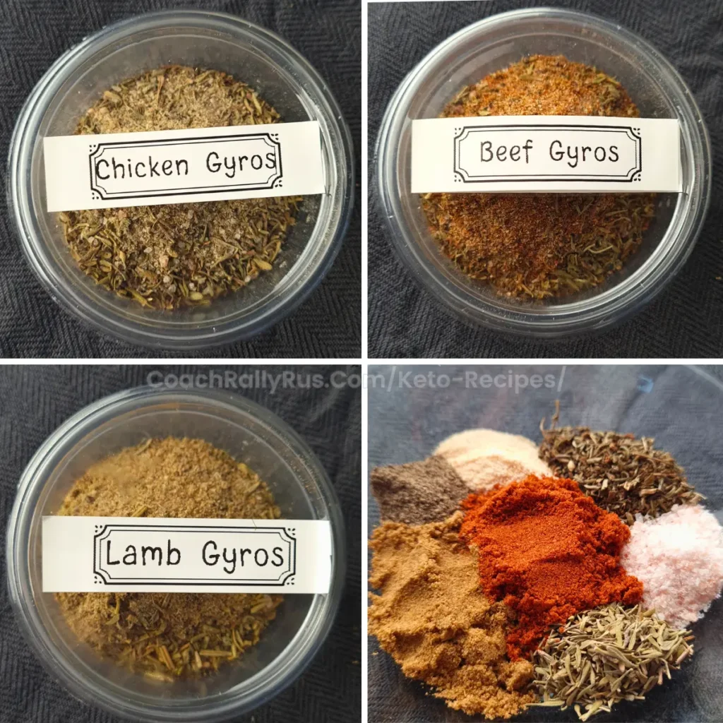 Four separate containers each with different gyro spice blends labeled Chicken Gyros, Beef Gyros, Lamb Gyros, and a fourth container with the individual spices displayed.