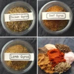 Four separate containers each with different gyro spice blends labeled Chicken Gyros, Beef Gyros, Lamb Gyros, and a fourth container with the individual spices displayed.