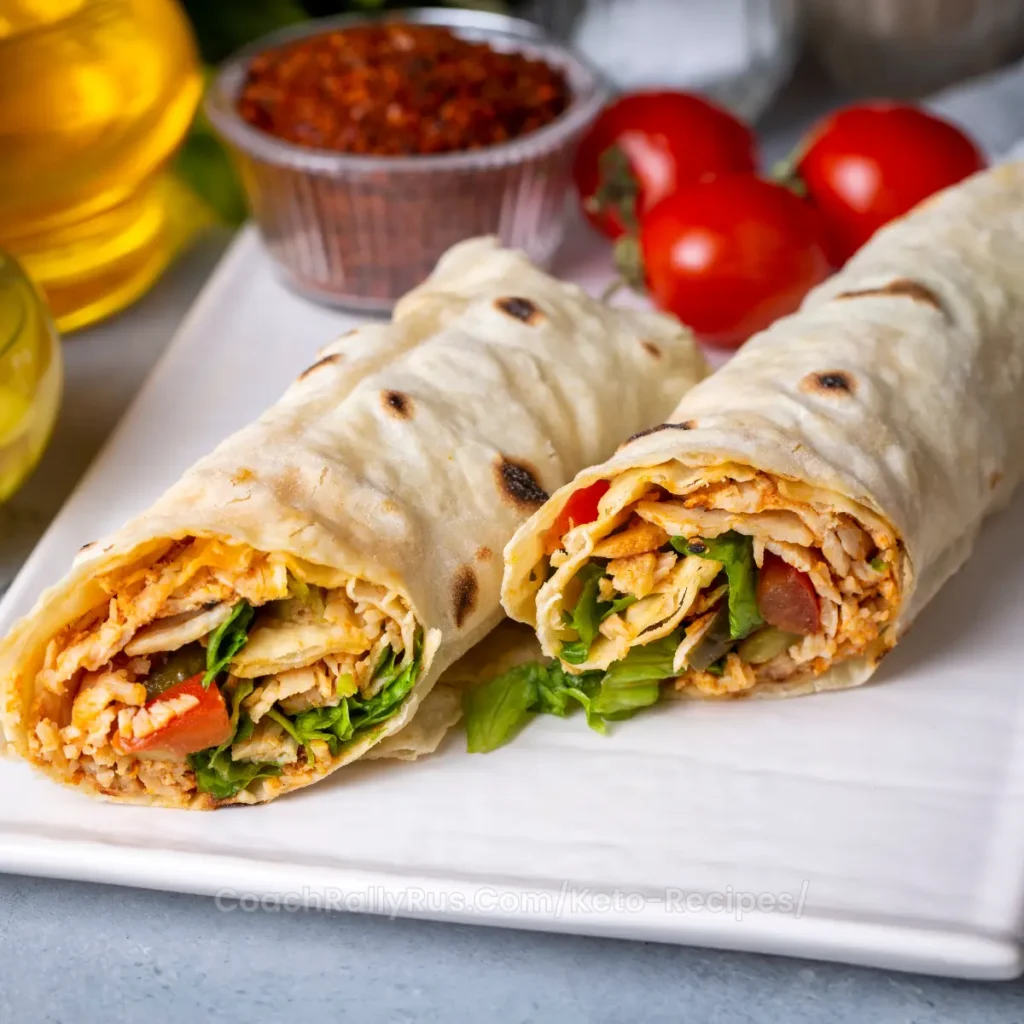 Two rolled kebabs on a white plate, one partially sliced to show the filling.