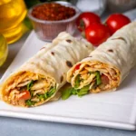 Two rolled kebabs on a white plate, one partially sliced to show the filling.