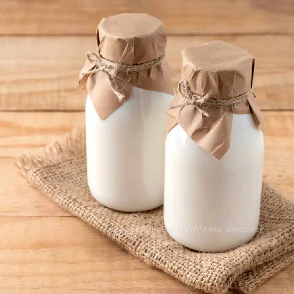 Two glass bottles of kefir with rustic paper covers, set on a burlap cloth over a wooden background.