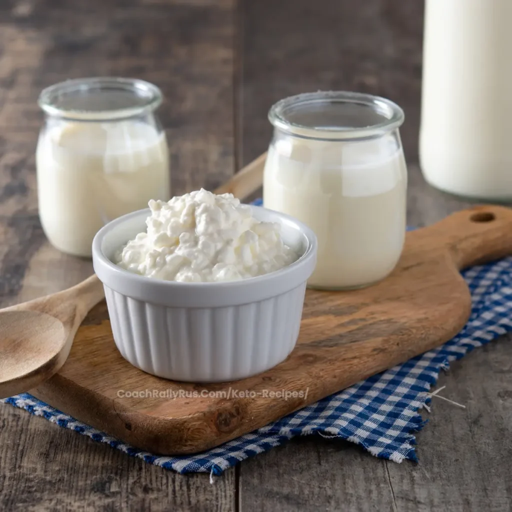 Assorted jars and a bowl of kefir on a wooden board with a rustic table setting.