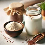 Glass jar of creamy kefir with a bowl of ground flaxseed flour.