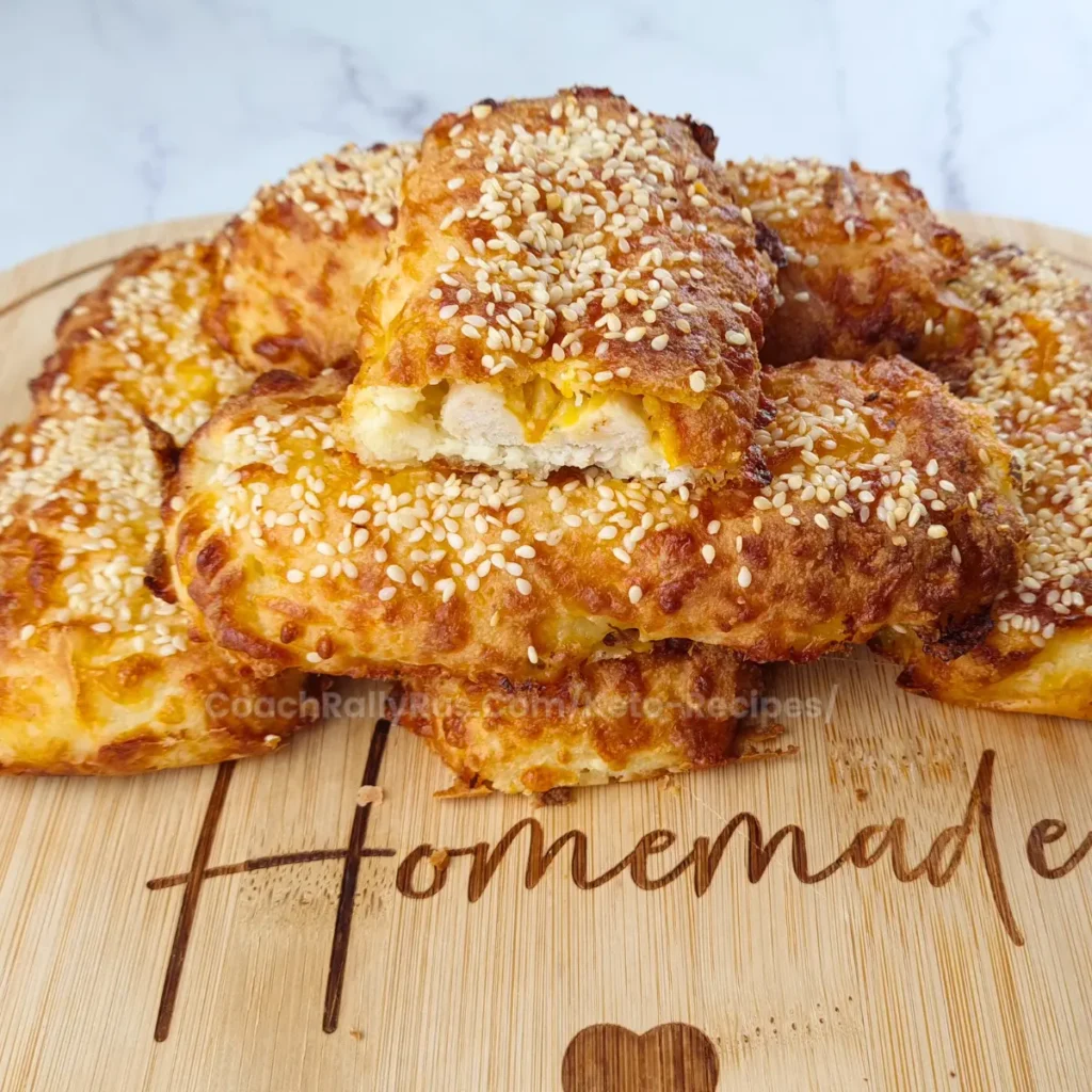 Golden-brown keto sausage rolls topped with sesame seeds on a wooden cutting board.