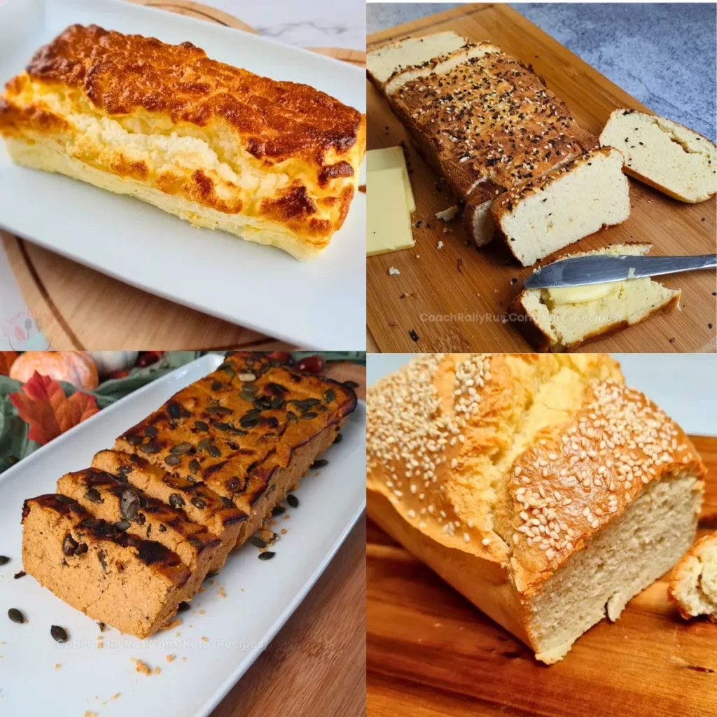 Four different keto bread recipes, including fluffy cottage cheese bread, almond flour loaf, pumpkin bread with seeds, and sesame seed-topped bread.