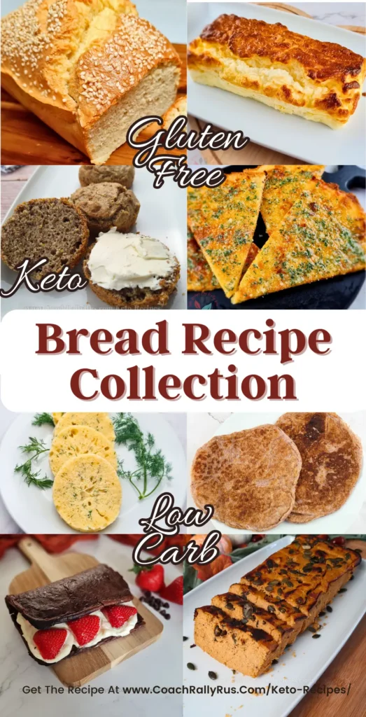 Collage of keto bread recipes featuring gluten-free and low-carb options like sesame seed loaf, fluffy bread, garlic bread, chocolate flatbread, and tortillas.