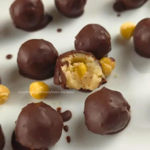 Keto Chocolate Hazelnut Cottage Cheese Bonbon with a bite, showing creamy filling