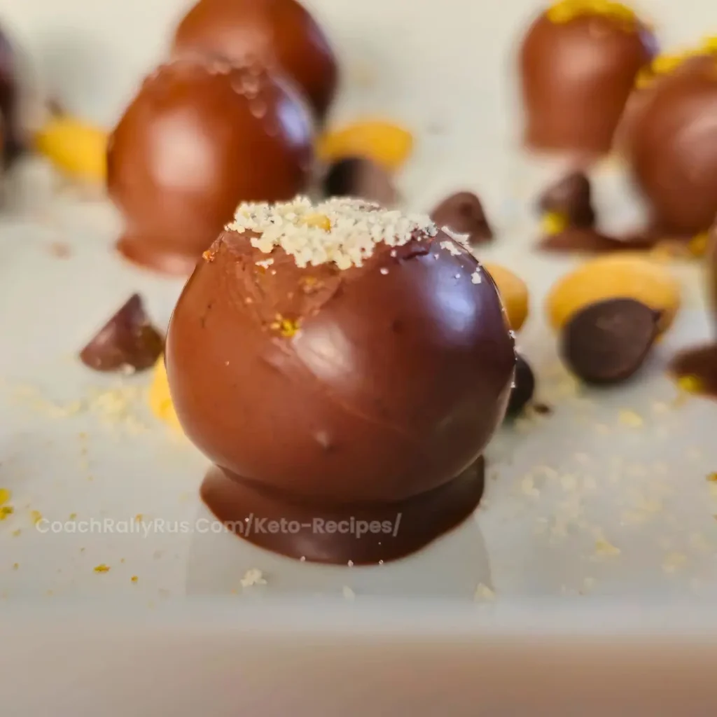 Close-up of a Keto Chocolate Peanut Butter Cottage Cheese Bonbon topped with crushed nuts on a white plate.