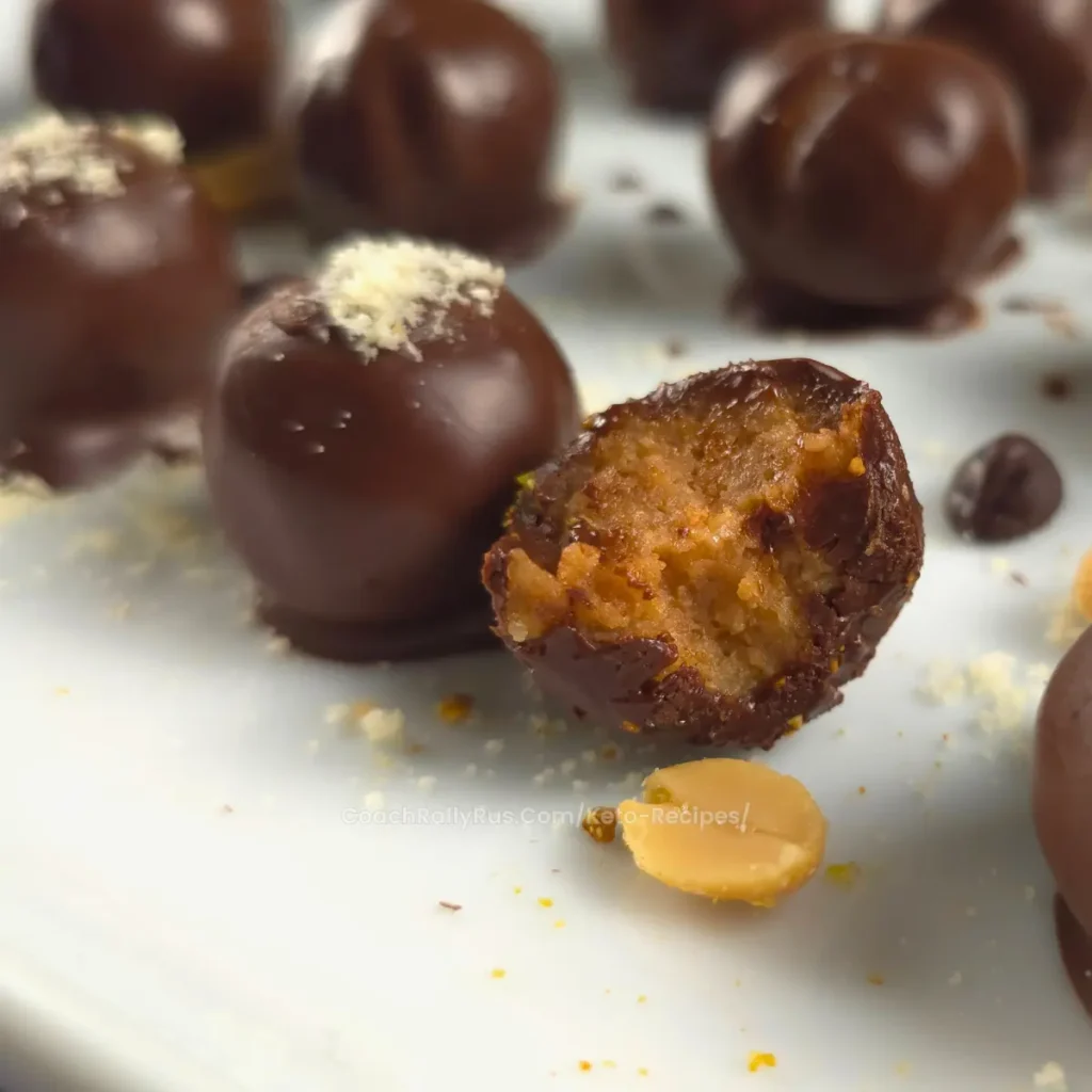 Keto Chocolate Peanut Butter Cottage Cheese Bonbon with a bite taken out, showing the creamy peanut butter filling.