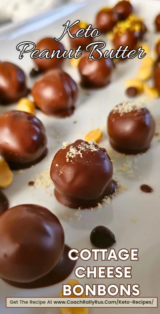 Keto Chocolate Peanut Butter Cottage Cheese Bonbons displayed on a plate with a text overlay promoting the recipe.