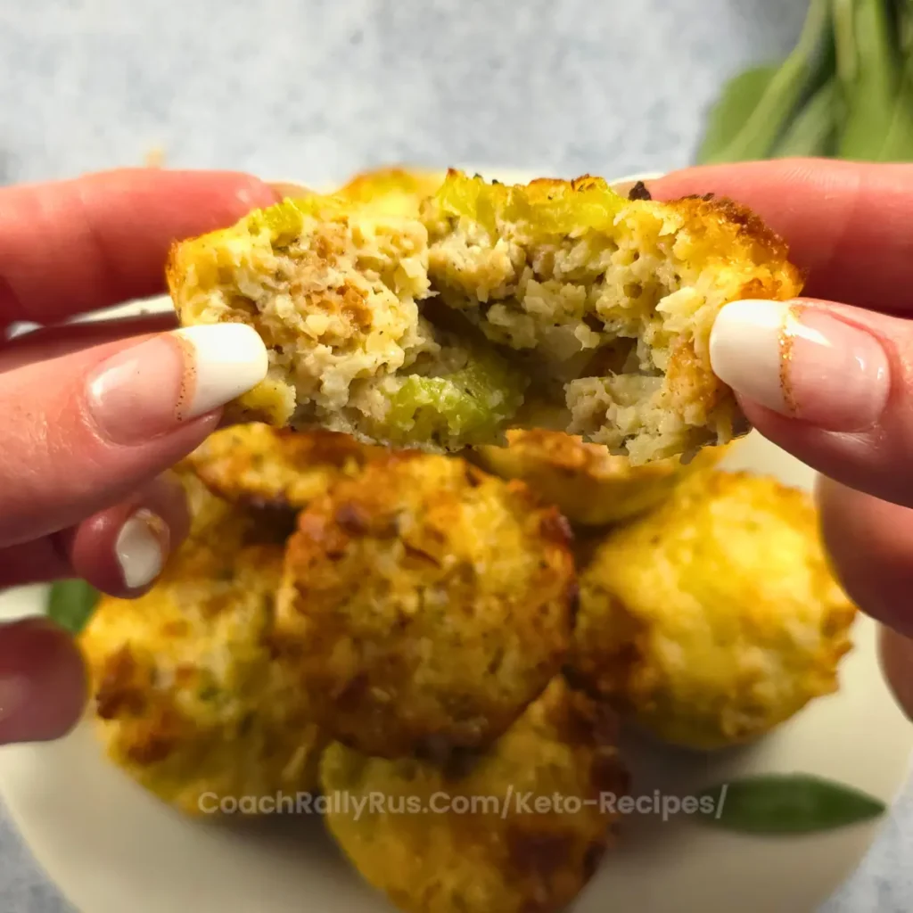 Hands holding a keto sausage stuffing muffin with a bite taken, showing a tender and moist texture inside.