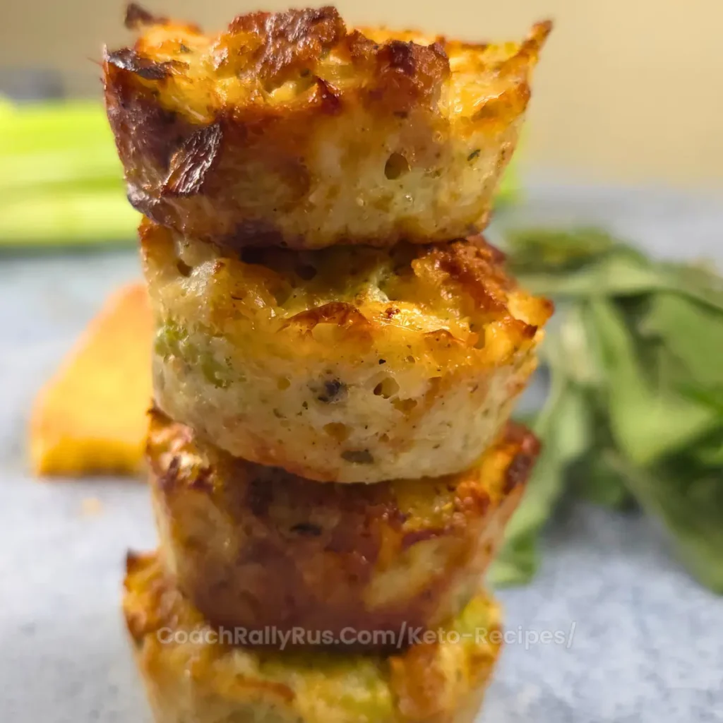 A stack of three keto sausage stuffing muffins on a plate with sage and celery in the background.