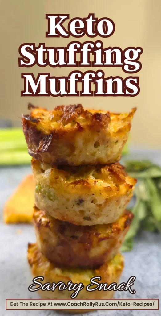 Tall stack of golden keto sausage stuffing muffins with a bold "Keto Stuffing Muffins" text overlay.