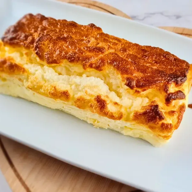 A golden brown, fluffy piece of 2 Ingredient Cottage Cheese Bread served on a white plate, with a pink cloth and three eggs in the background.