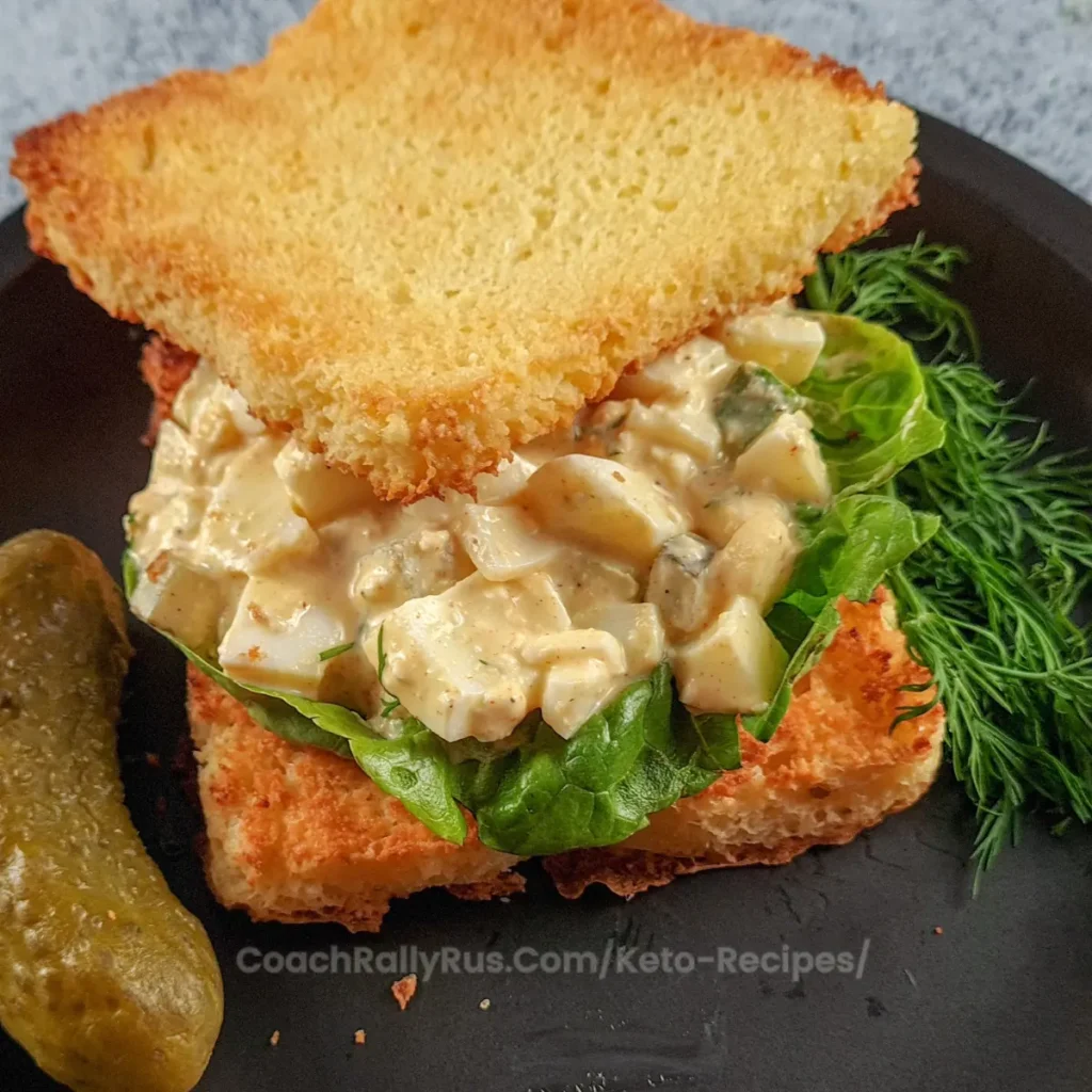 A close-up of keto cottage cheese dill pickle egg salad served on toasted low-carb bread with fresh lettuce and garnished with dill on a black plate.