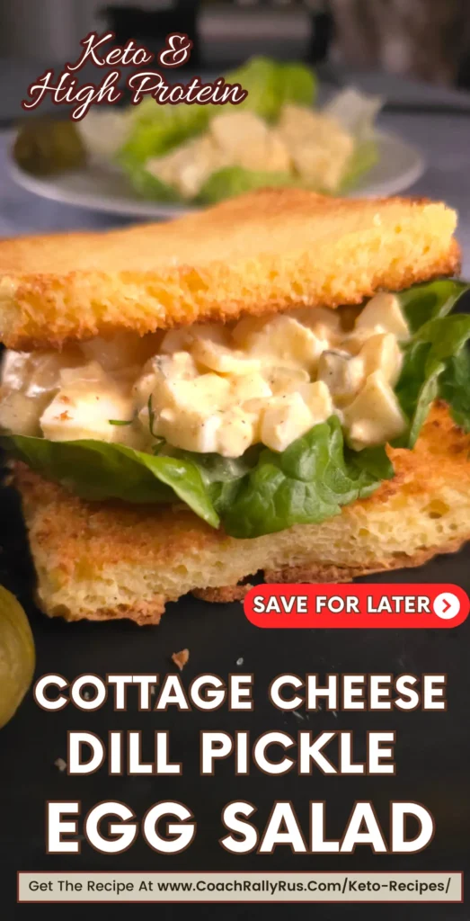 Close-up of creamy cottage cheese dill pickle egg salad with crispy toast, lettuce, and dill garnish.