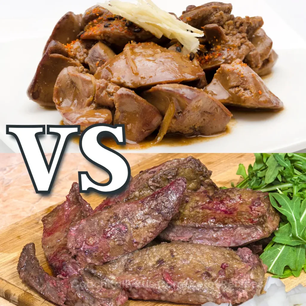 Cooked chicken liver and beef liver on separate plates with "VS" in bold text overlay.