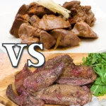 Cooked chicken liver and beef liver on separate plates with "VS" in bold text overlay.
