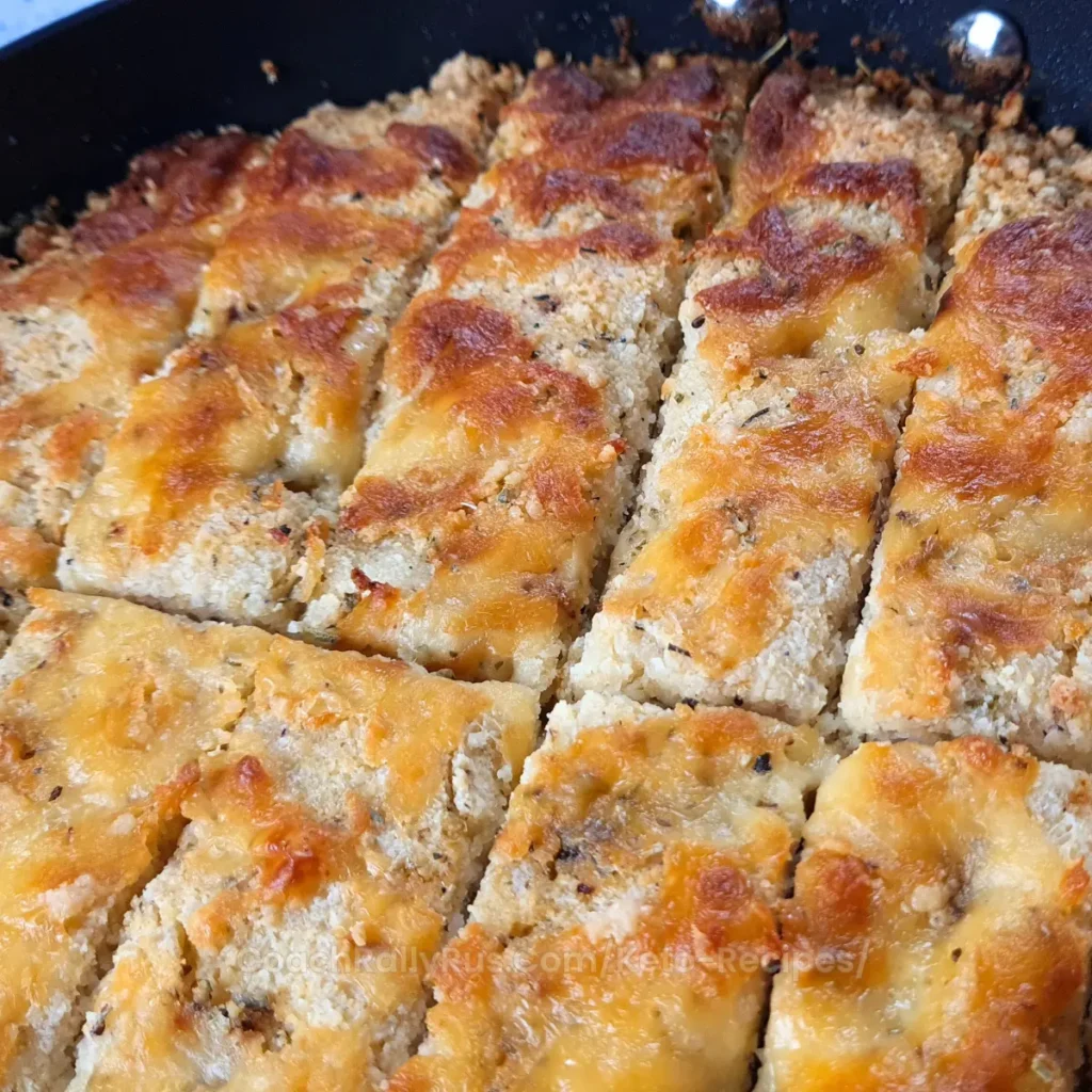 Sliced keto cottage cheese focaccia in a skillet with a crispy golden top.