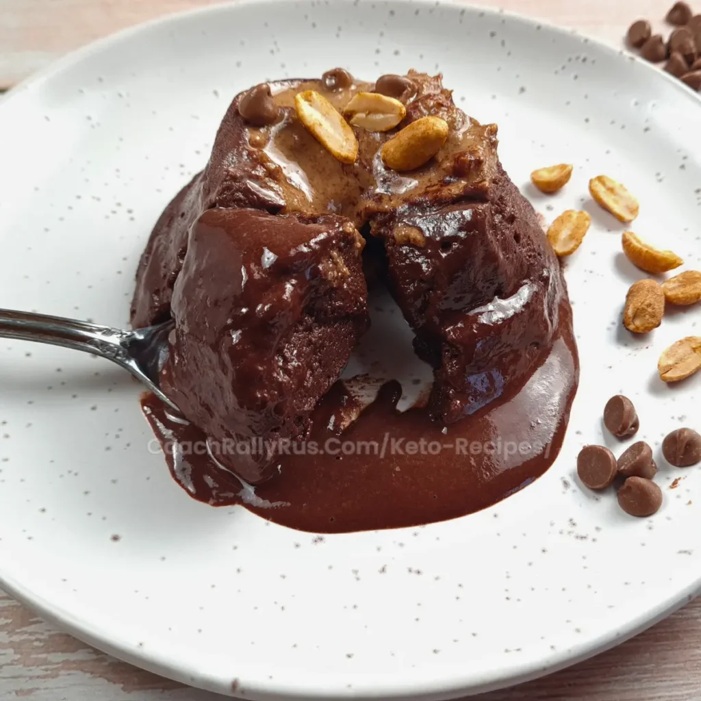 Close-up of a keto peanut butter lava mug cake with melted chocolate
