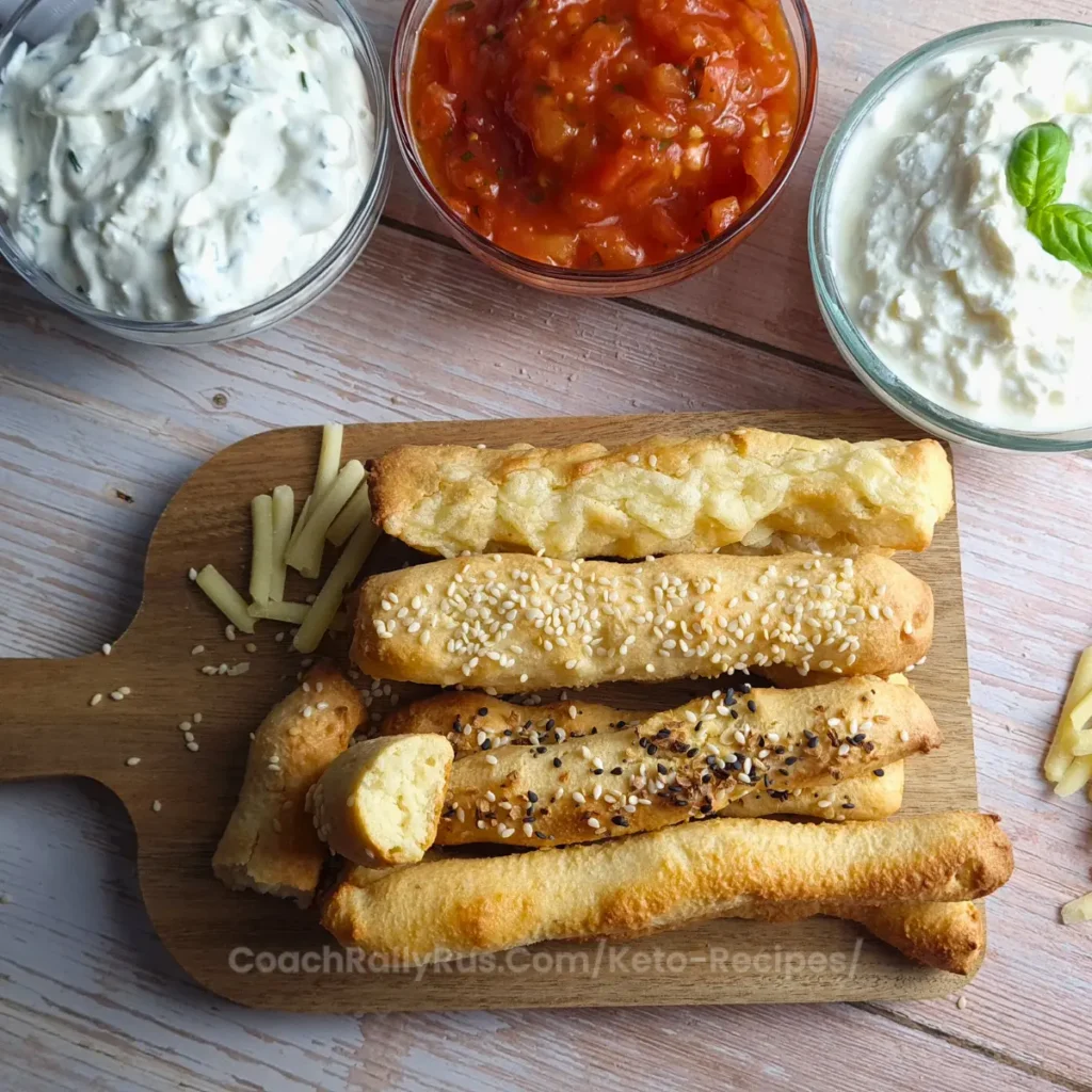 Keto breadsticks with sesame seeds, cheddar cheese, and bagel seasoning on a wooden board.
